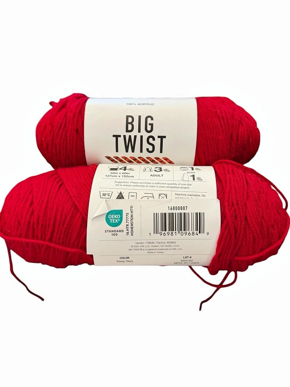 Lot Of 2 Yarn Skeins Medium 4 Worsted Big Twist Deep Red Acrylic Festive Holiday